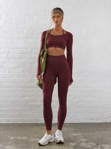 Musera Sport Ribbed High Waist Contour Active-Wear Leggings, Padel, Tennis, Pickleball Gym Fitness - Burgundy - View 1