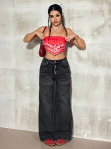 SHEIN EZwear 女式宽松口袋细节阔腿休闲牛仔裤 - 黑色 - 查看 4