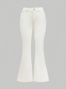 ROMWE Goth Women's Simple Front Button Pocket Casual Denim Low Waist Jeans, For Daily Wear - White - View 3