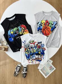 3Pcs/Set Tween Boy Loose Fit Street Style Graphic Print Tank Top Set