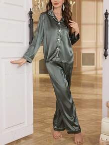 Women's Contrast Trim Front Button Long Sleeve Pocket Simplistic Shirt And Pants Pajama Set - Multicolor - View 6