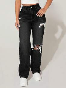 Slaydiva 拉绒面料保暖高腰破洞直筒蓝色牛仔裤 - 黑色 - 查看 1