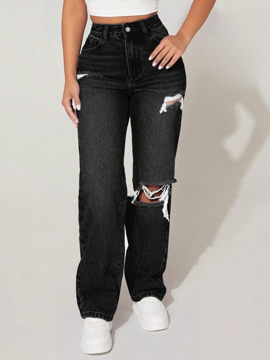 Slaydiva 拉绒面料保暖高腰破洞直筒蓝色牛仔裤 - 黑色 - 查看 1