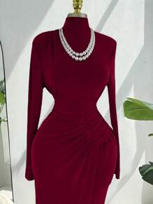 Flirla Plus Size Women Elegant Asymmetric Ruffled High Collar Slim Waist Dress