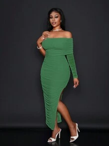 SHEIN Slayr Elegant Party & Date Open Shoulder Ruched Mesh Bodycon Dress For Women - EE - Green - View 5