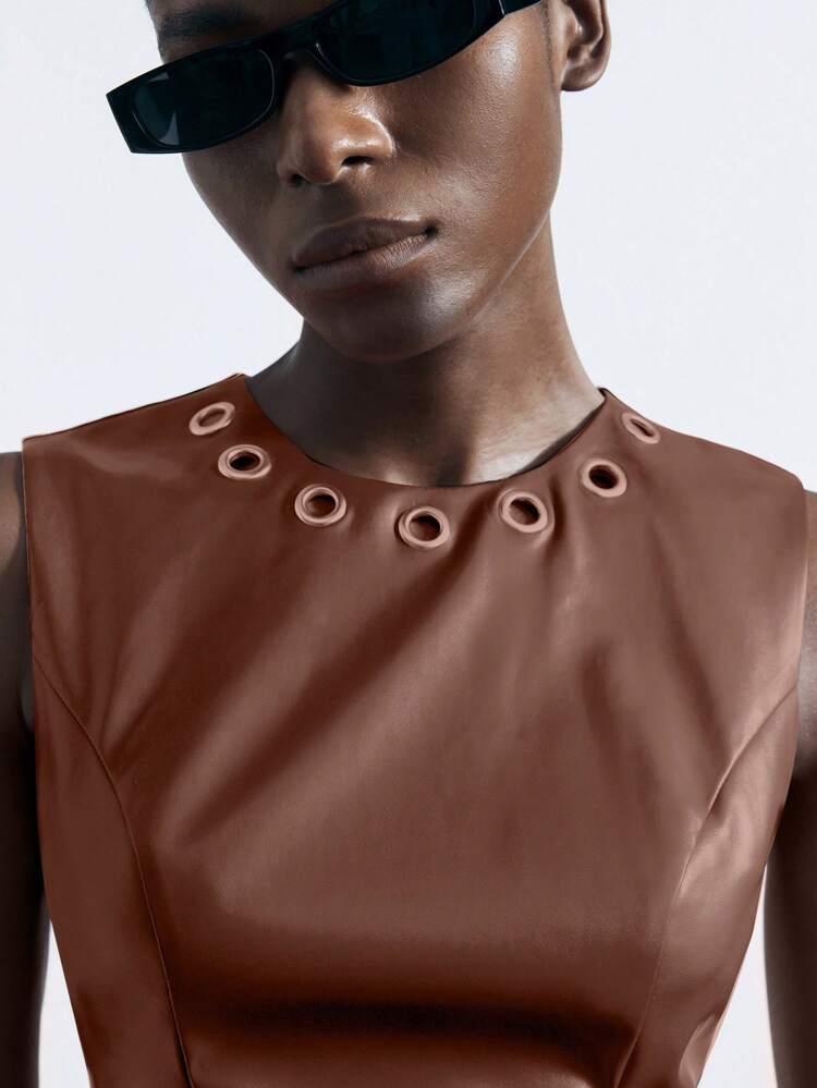 SHEIN Maija Brown Round Neck Grommets Decor PU Leather Bodycon Minimalist Sleeveless Short Casual Dress For Women, Fashion Versatile For Party, Valentine's Day, Spring/Summer Business Casual Women's Wear, Office Wear, Low-Key Old Money Style, Effortless Temperament, High-End Urban Commuting, The Same Style As The Editor-In-Chief Of The Magazine, Urban Social Vacation Party Wear, Charming, Low-Key And Durable Basic Style, Versatile And Not Picky Clothing, Street Fashion Wear, Clothing, Coffee Shop, Relaxed Wear