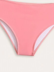 SHEIN Tween Girls Bikini Sets Two Pieces Girls' Swimsuit With A Pink Flamingo Print Top With Spaghetti Straps And A Scalloped Hem; The Bottom Is A Solid Pink Swim, Suitable For Beach Vacations, Swimming By The Sea, And Summer. - Multicolor - View 3