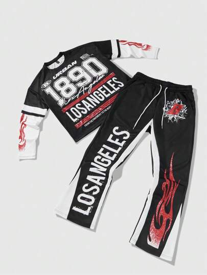 Prep Conjunto informal de camiseta de manga larga con cuello redondo y estampado de letras, junto con pantalones de cintura con cordón