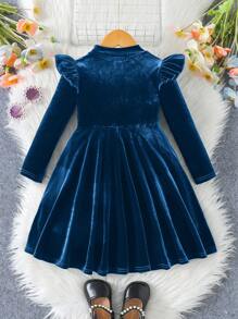 SHEIN Vestido de terciopelo de unicolor con volantes para niña, vestido de manga larga elegante tipo pastel, ideal para uso casual y diario, y para el colegio en otoño e invierno, para Navidad, vacaciones, combinado madre e hija, color verde, para Navidad, uso en fiestas, vestido de cumpleaños, vestido de princesa