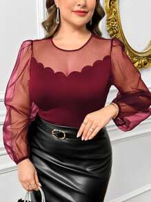 SHEIN Privé Plus Size Women Elegant Mesh Patchwork Shell Trim Blouse, Valentine's Day