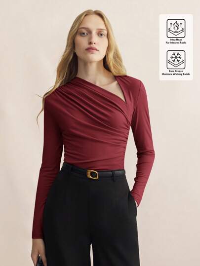 BizChic Camiseta de mujer con diseño de hombro asimétrico y drapeado, elegante y moderna para uso urbano y diario, versátil y romántica con estilo retro de los 90. Adecuada para Navidad, Año Nuevo, San Valentín, fiestas, playa, graduación, moda, carnaval, bodas, brunch, aeropuerto y múltiples ocasiones