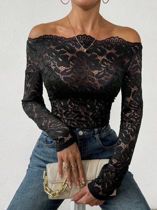 Allurite Off Shoulder Lace Top Without Bra Fall Cloth For Women