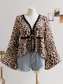 Soleia Blusa de manga larga con estampado de leopardo y encaje floral en talla grande, adecuada para vacaciones, graduación, regreso a clases, ropa de otoño