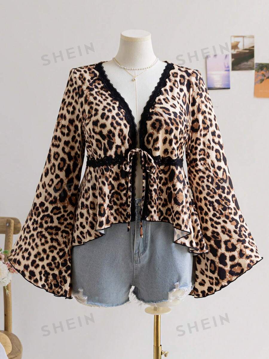 Soleia Blusa de manga larga con estampado de leopardo y encaje floral en talla grande, adecuada para vacaciones, graduación, regreso a clases, ropa de otoño