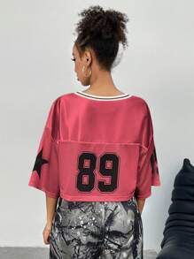 Coolane Women's Casual Streetwear Numer Print Cropped Loose Red T-Shirt