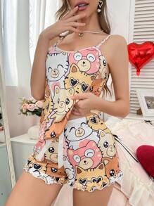 Women Cute Cat V-Neck Ruffle Trim Cami & Shorts Sleepwear Set - Multicolor - View 5