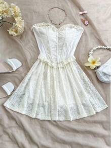 Soleia Romantic Vacation Contrast Lace Ruffle Trim Strapless Dress - Apricot - View 6