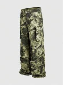 ROMWE MEN Street Life Men's Casual Tie-Dye Wide Leg Cargo Jeans - Army Green - View 5