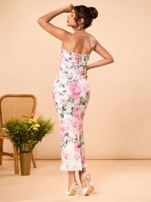 Neda Designer Multicolor Romantic Rose Floral Flower Print Bodycon Lace Trim Camisole Dress, Festival, Prom Dress, Brunch Outfits, Tea Party Dress