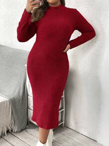 SHEIN VCAY Plus Size Solid Color Stand Collar Long Sleeve Slim Casual Dress