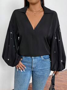 SHEIN Privé Plus Size Women Valentine's Day Solid Lantern Sleeve Front Pleated Beaded Detail Blouse - Black - View 5