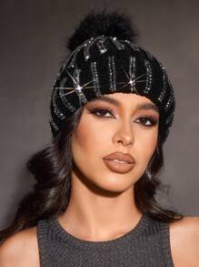 SHEIN ICON 时尚秋冬休闲保暖女士针织帽 - 黑色 - 查看 3