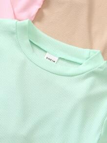 SHEIN 4pcs Young Girl Solid Color Round Neck Short Sleeve Casual Loose T-Shirt, Spring Top, School, Campus, College