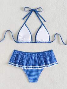 Swim Mod Summer 2pcs Women's Plaid Print Halter Neckline With Bowknot Ruffle Trim Bikini Set - Blue and White - View 7