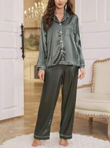 Women's Contrast Trim Front Button Long Sleeve Pocket Simplistic Shirt And Pants Pajama Set - Multicolor - View 4