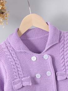 Girls Vintage Palace Style Double-Breasted Knitted Cardigan, Blue Collar Thick Knitted Sweater