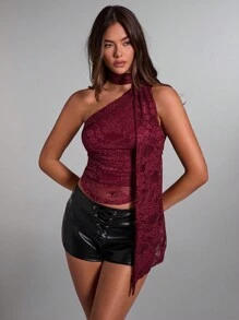 SHEIN BAE Women's Floral Lace Sleeveless Asymmetrical Shoulder Ruched Slim Fit Fashionable Top - Burgundy - View 1