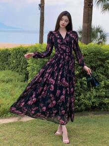 DAZY Women's Floral Print Long Sleeve Mid-Length Vacation Dress, Spring/Fall Boho - Black - View 4