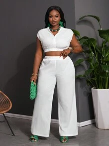 Slaydiva 全新百搭性感简约休闲白色盖袖衬衫和宽松阔腿裤两件套，女式加大码，西装