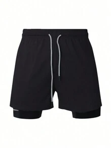 Manfinity Sport Corelite 男士纯色前系带双层休闲运动短裤 - 黑色 - 查看 3