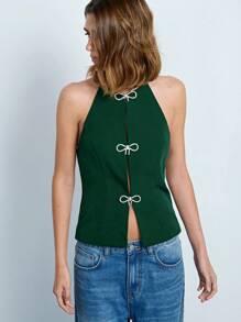 Maija 蝴蝶结水钻装饰露背无袖修身衬衫，简约设计，适合女性、春夏季、派对、情人节 - 墨綠色 - 查看 8