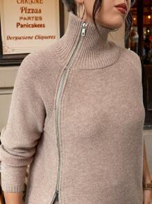 Calvaya Ensemble de Top en tricot à manches longues avec fermeture éclair avant de couleur unie et pantalon long, grande taille