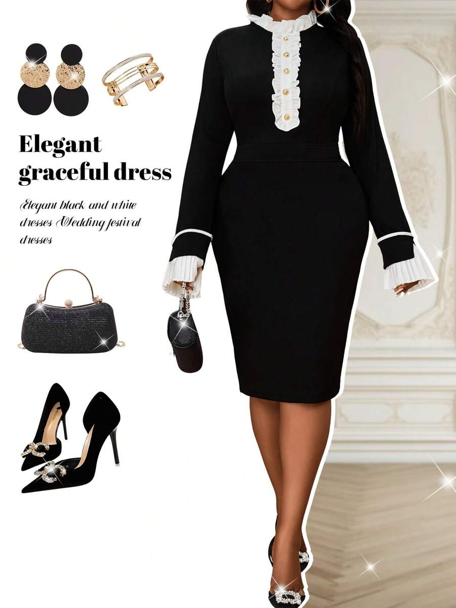 SHEIN Lady Mùa xuân và mùa hè mùa thu và mùa đông thanh lịch màu xanh dệt kim loe váy chữ A midi tay dài cỡ lớn váy trang trọng quần áo chuyên nghiệp quần áo phụ nữ váy thanh lịch váy cưới ngày lễ - Đen và trắng - Xem 1