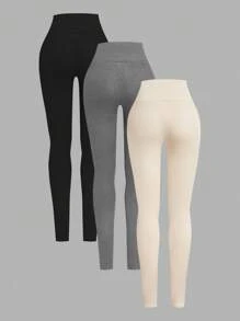 SHEIN EZwear 3pcs Women Solid Color Thermal Lined Leggings, Autumn/Winter
