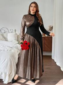 SHEIN Privé 大码女式不对称浪漫玫瑰金花卉贴花长裙，优雅立领黑色长裙，适合情人节 - 黑色 - 查看 4