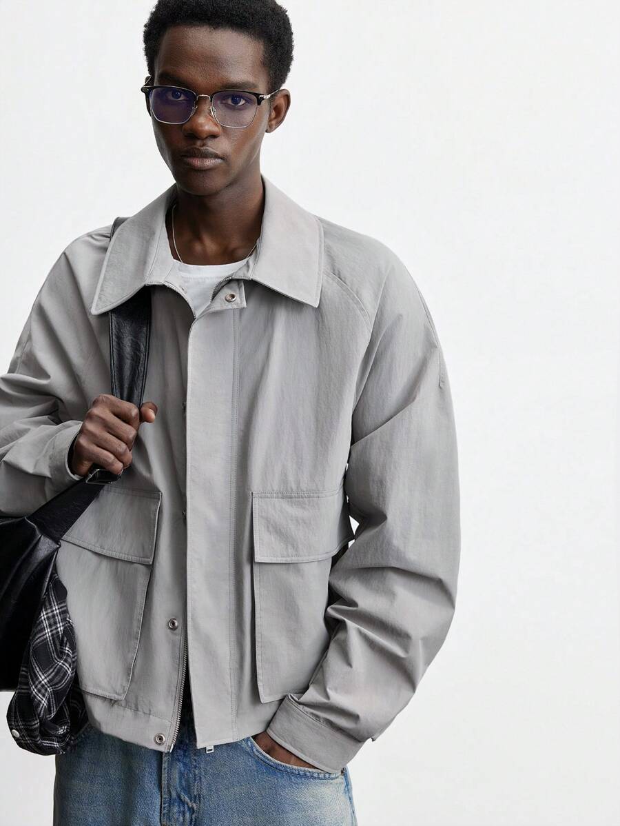Maija 男士前拉链长袖口袋休闲夹克，简约日常穿着 - 灰色 - 查看 1