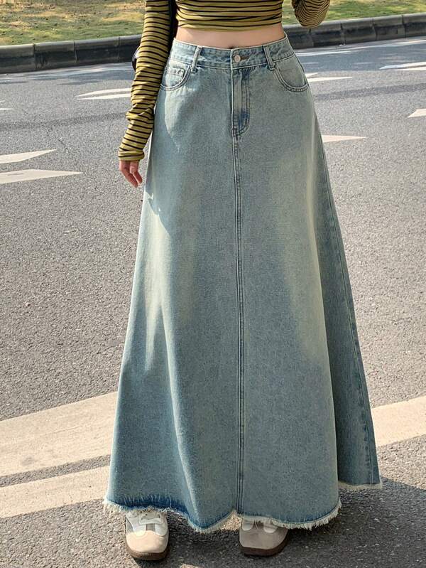 DAZY Women's Pocket Fringed Hem Long Casual Denim Skirt Jeans Skirt