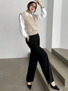 DAZY 女士 V 领修身纯色毛衣背心，春秋 - 駝色 - 查看 3