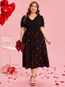 SHEIN Clasi Große Größen Elegantes Kleid mit Herzprint, V-Ausschnitt, kurzen Ballonärmeln und geschweiftem Saum für Damen als Valentinstags Outfit