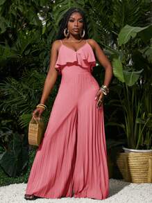 Slaydiva 女士度假夏季音乐节宽松绿色荷叶边领褶皱阔腿吊带连体裤 - 粉色 - 查看 6