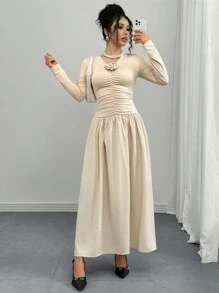 Chiquease 法式优雅性感百搭褶皱长袖连衣裙，3D 玫瑰装饰，弹力针织杏色，适合女士，秋冬 - 杏色 - 查看 5