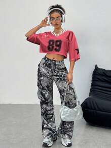 Coolane Women's Casual Streetwear Numer Print Cropped Loose Red T-Shirt