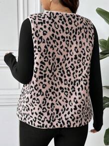 SHEIN Frenchy Plus Size Women Autumn/Winter Leopard Print Fleece Vest Jacket - Pink - View 2