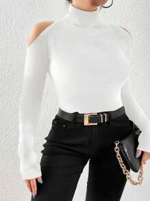 SHEIN Essnce Casual Minimalist White Fitted Off Shoulder Plus Size Turtleneck T-Shirt,Autumn/Winter - White - View 1
