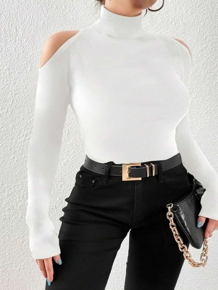 SHEIN Essnce 休闲简约白色修身露肩大码高领 T 恤，秋冬 - 白色 - 查看 1