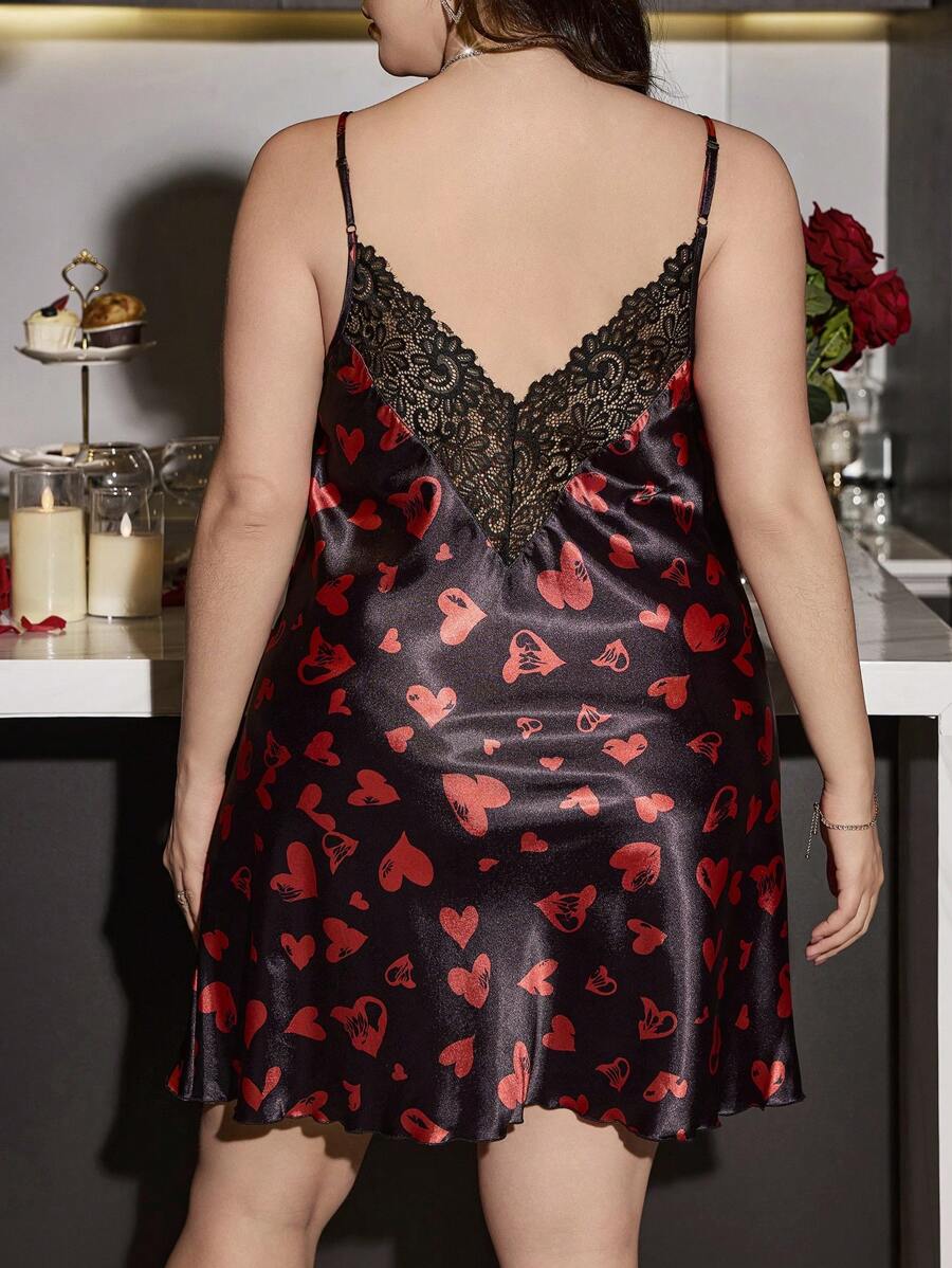 Valentine's Day Theme Heart Print Faux Silk Plus Size Nightgown - Black - View 1